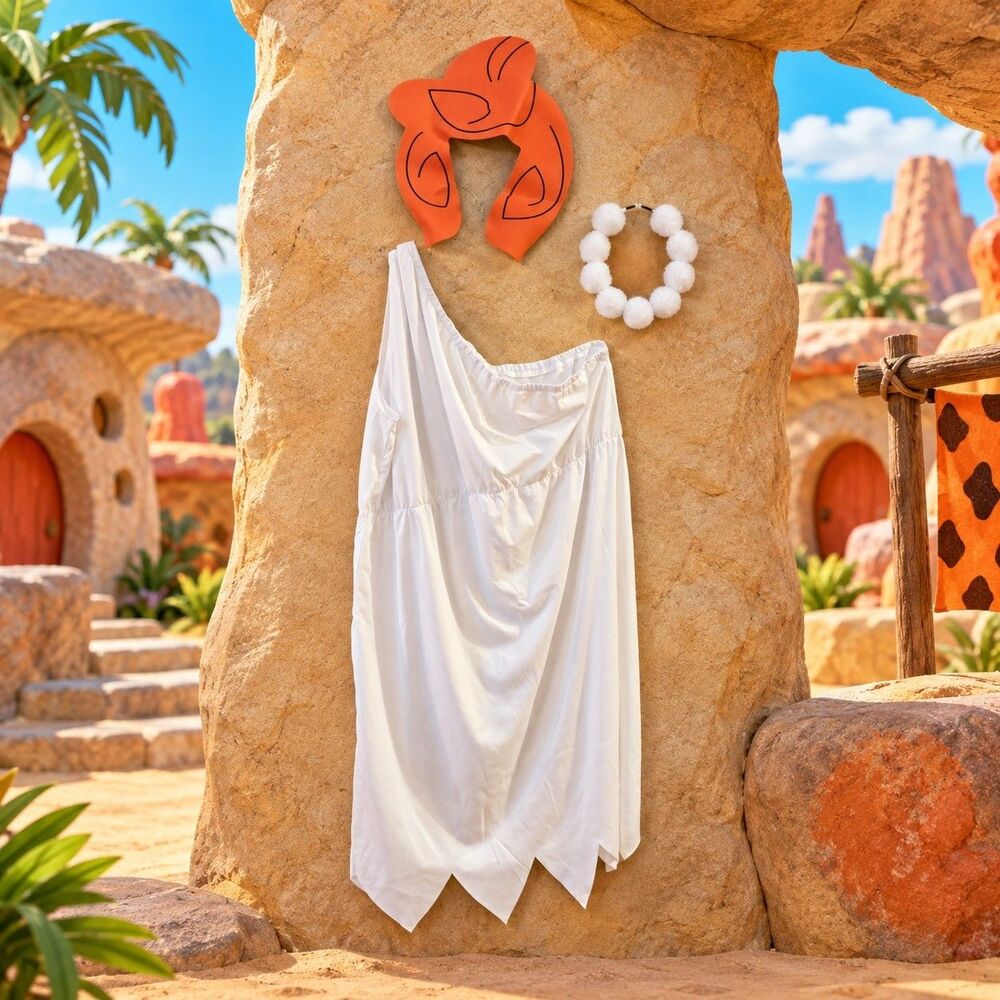 Wilma Flintstone Adult Costume XL 1X Dress Hairpiece Necklace Halloween C145